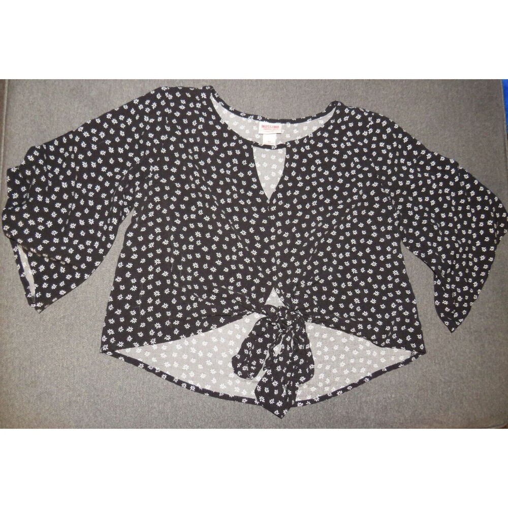 Mossimo Black White Daisy Print Flare Sleeve Cropped Blouse Size XS